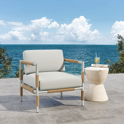 Eamon Outdoor Upholstered Thick Cushioned Arm Chair with Rattan Accents, Light Grey