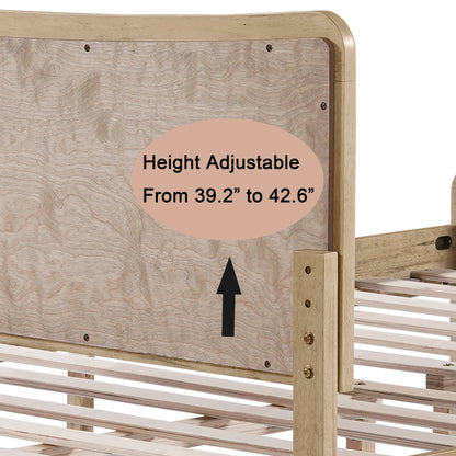 Ravosilor Curved Wooden Bed Frame with Nature Rattan Headboard&Footboard