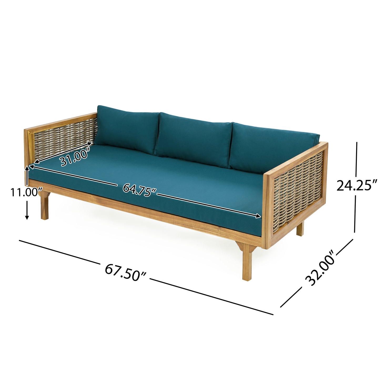 Xenath Outdoor Patio Furnitre Sets 3 Pieces,3 Seater Daybed With Rattan Arms  + Acacia Wood Table