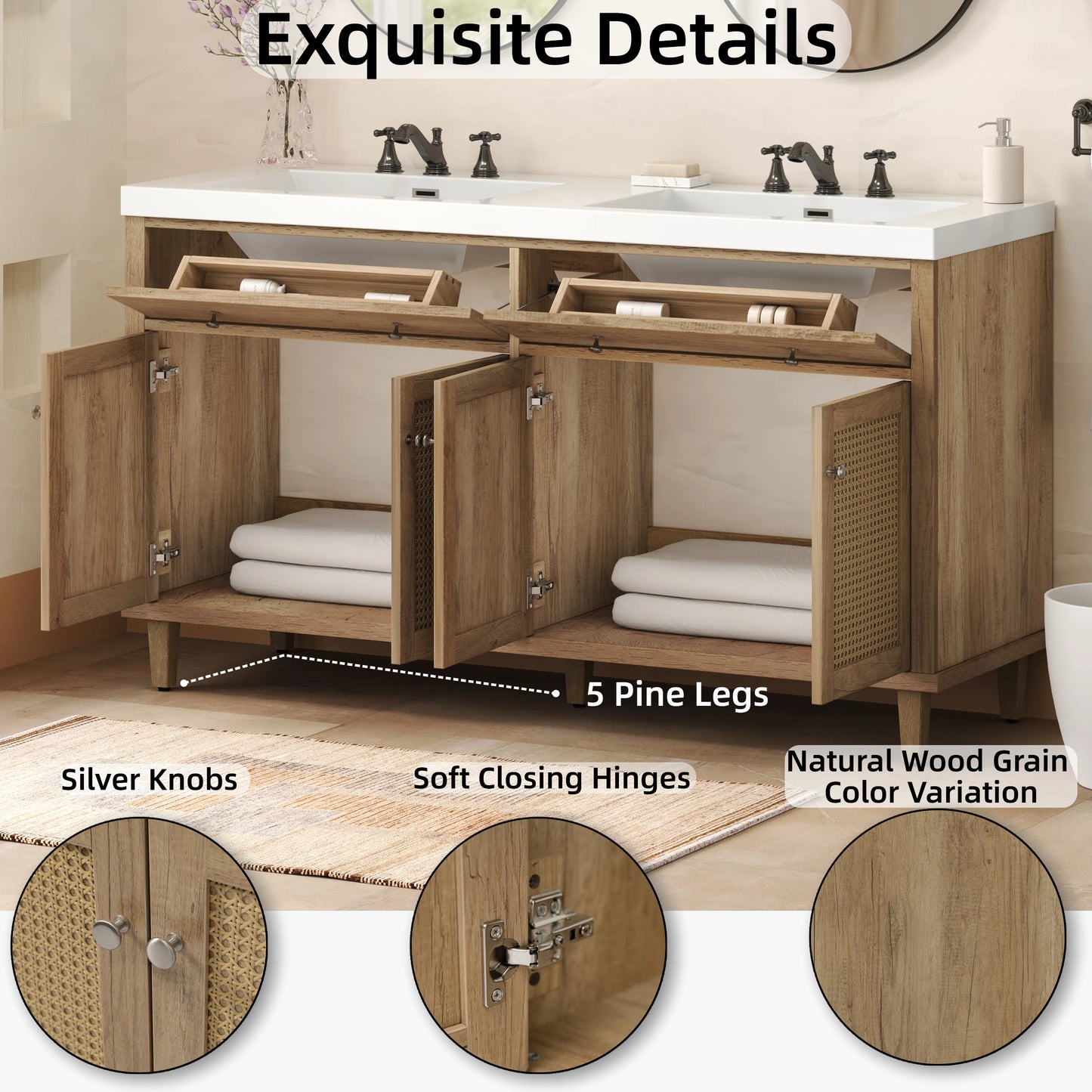 Silas 60 Inch Bathroom Vanity with Double Sink ( SMC Sink ), Large Storage Space
