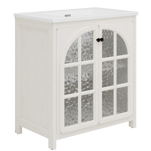 ‌Nexrail 31" Vintage Bathroom Vanity with Ceramic Sink, with Bronze Pulls and Tempered Glass