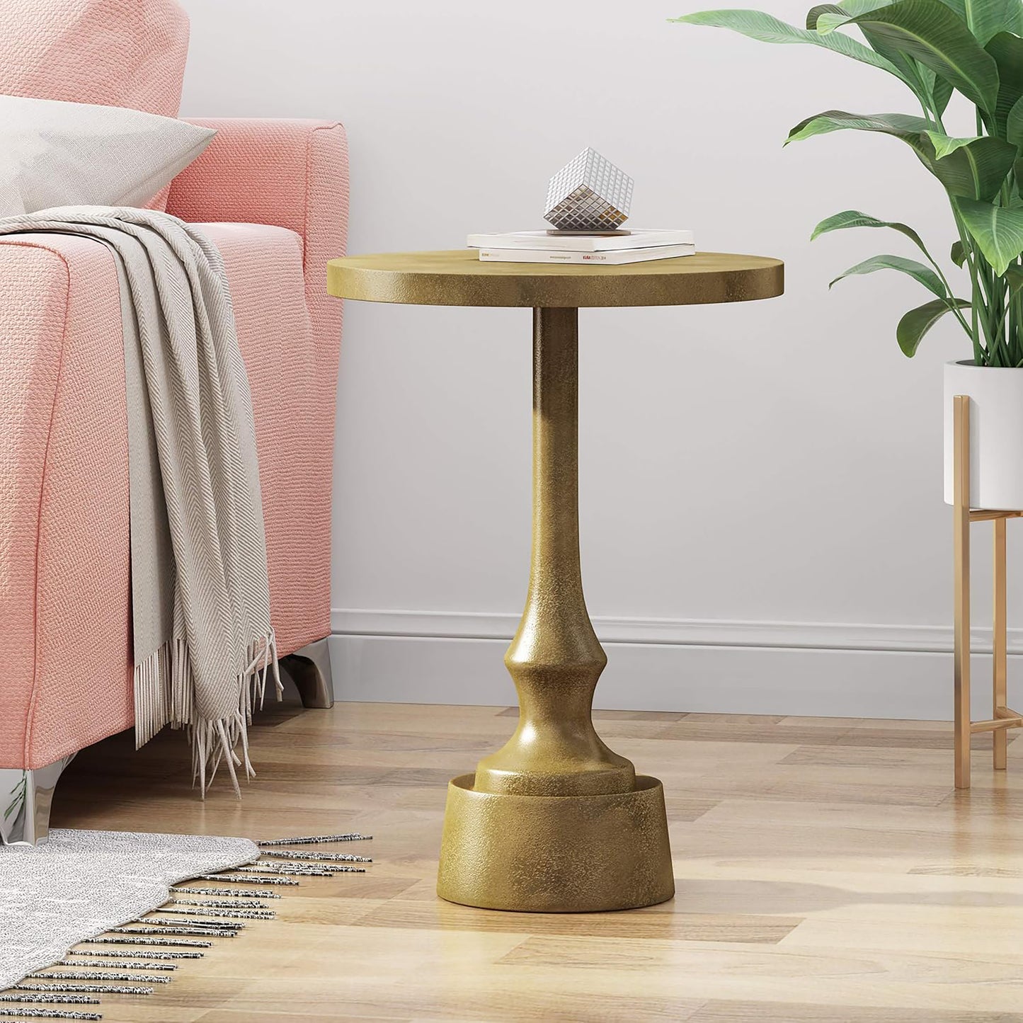 ‌Elowene Modern Aluminum Accent Table, Raw Brass