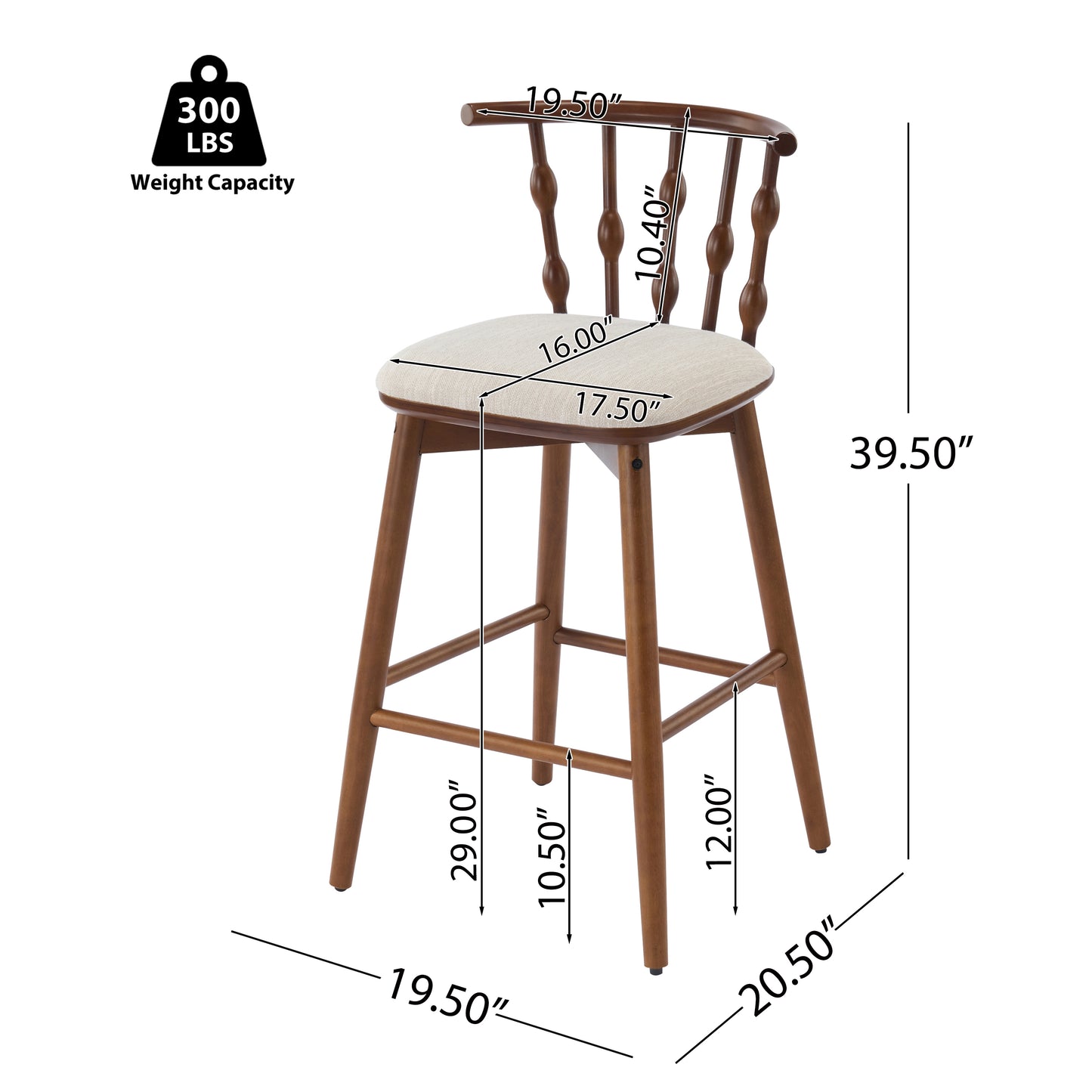 Dorio Indoor Wooden Barstool, Wood Finish With Beige Upholstery, Set of 2
