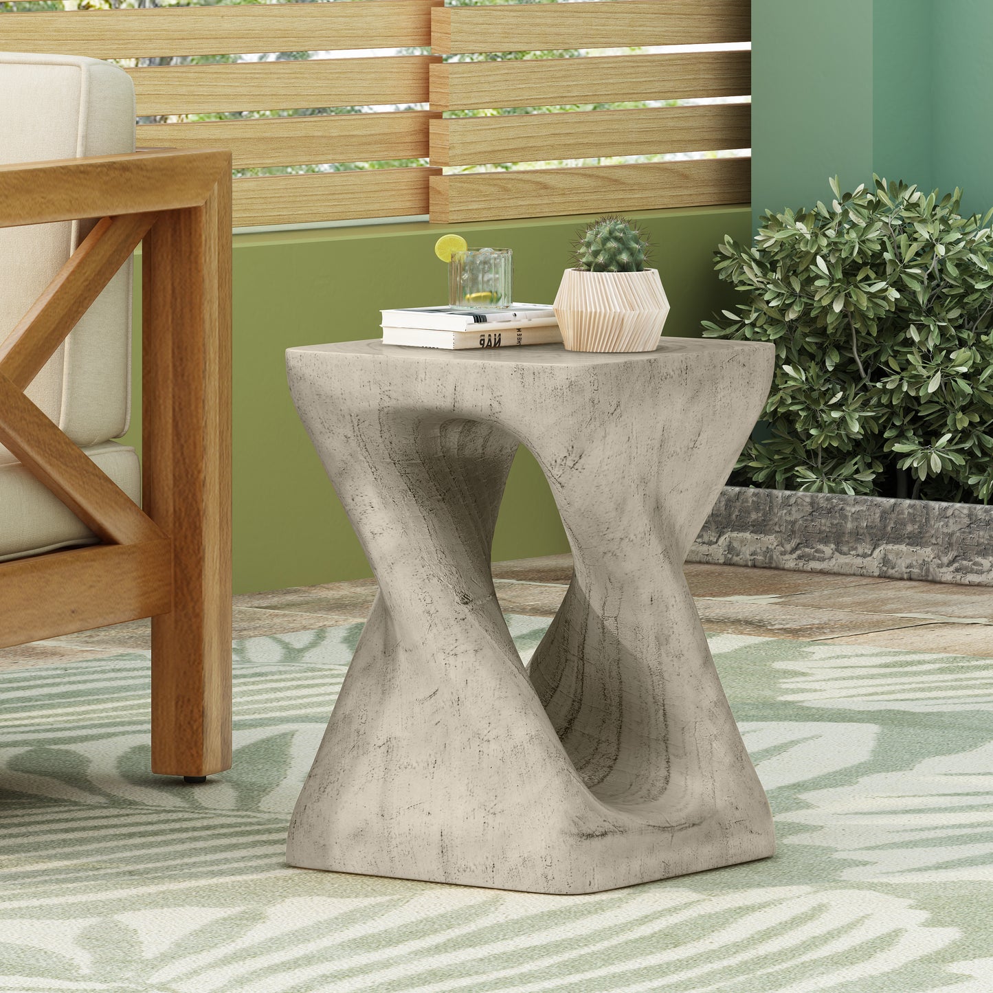 Woanar MGO Twist Shape Side Table, Wood-like texture