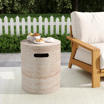 Montclair Outdoor Lightweight Concrete Side Table With Side Handles,Travertine Finish
