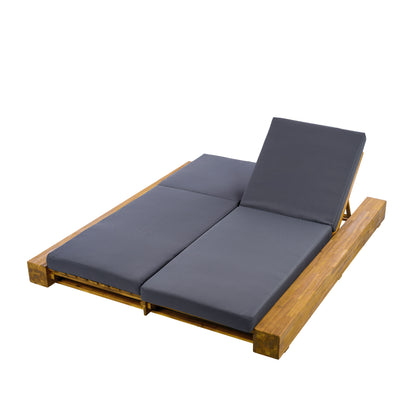 Junipar Outdoor Double Chaise Lounge, Acacia Wood, 4 Position Adjustable Back, 800lbs Capacity