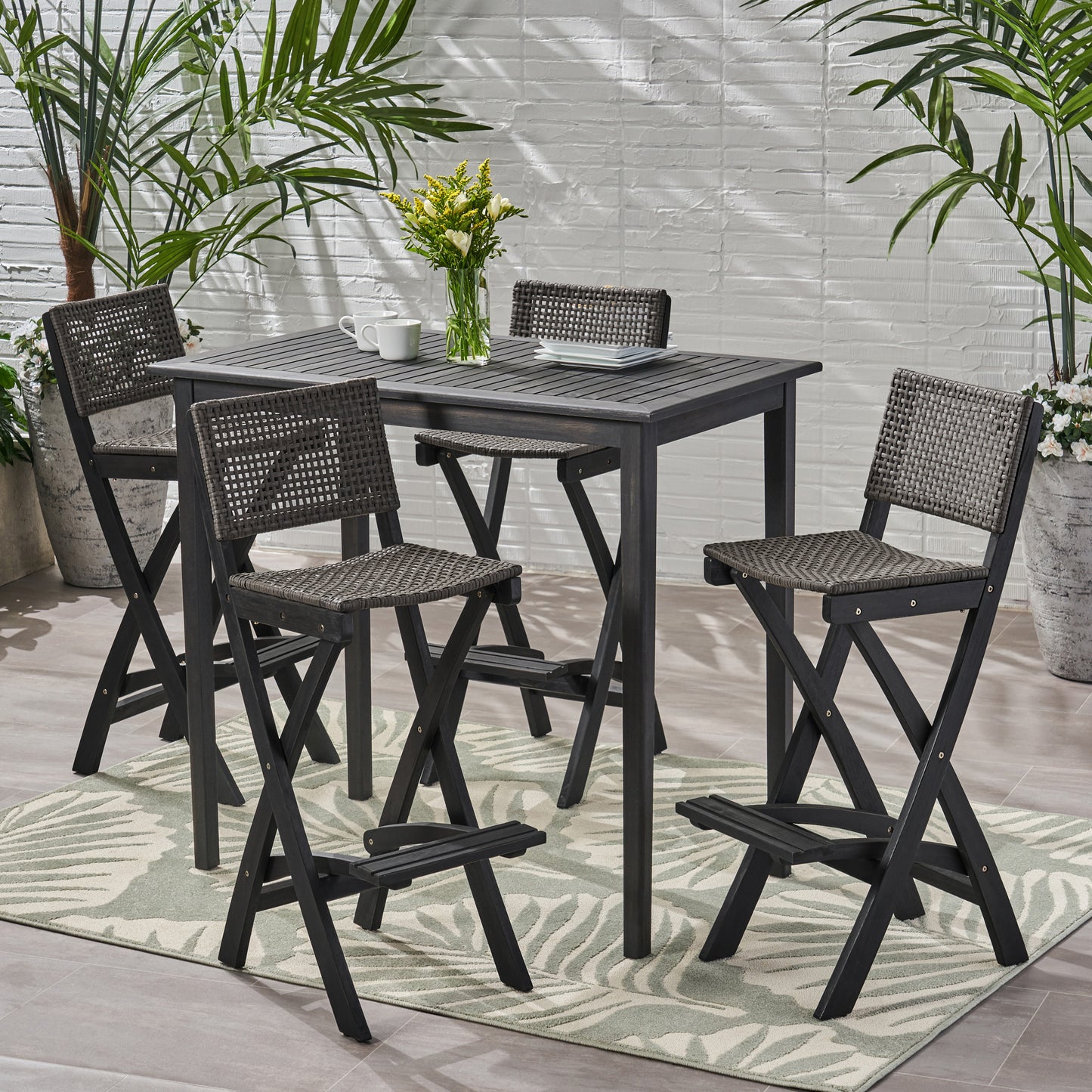 Elizabeth Outdoor 45" Rectangular 5 Piece Wood and Wicker Bar Height Set