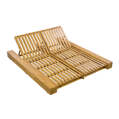 Junipar Outdoor Double Chaise Lounge, Acacia Wood, 4 Position Adjustable Back, 800lbs Capacity