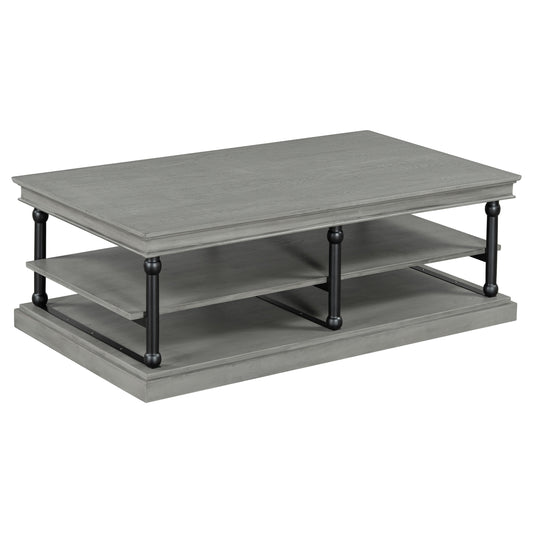 55.1" Wood Coffee Table with Black Legs, 2 Open Storage Shelves, Modern Living Room Table
