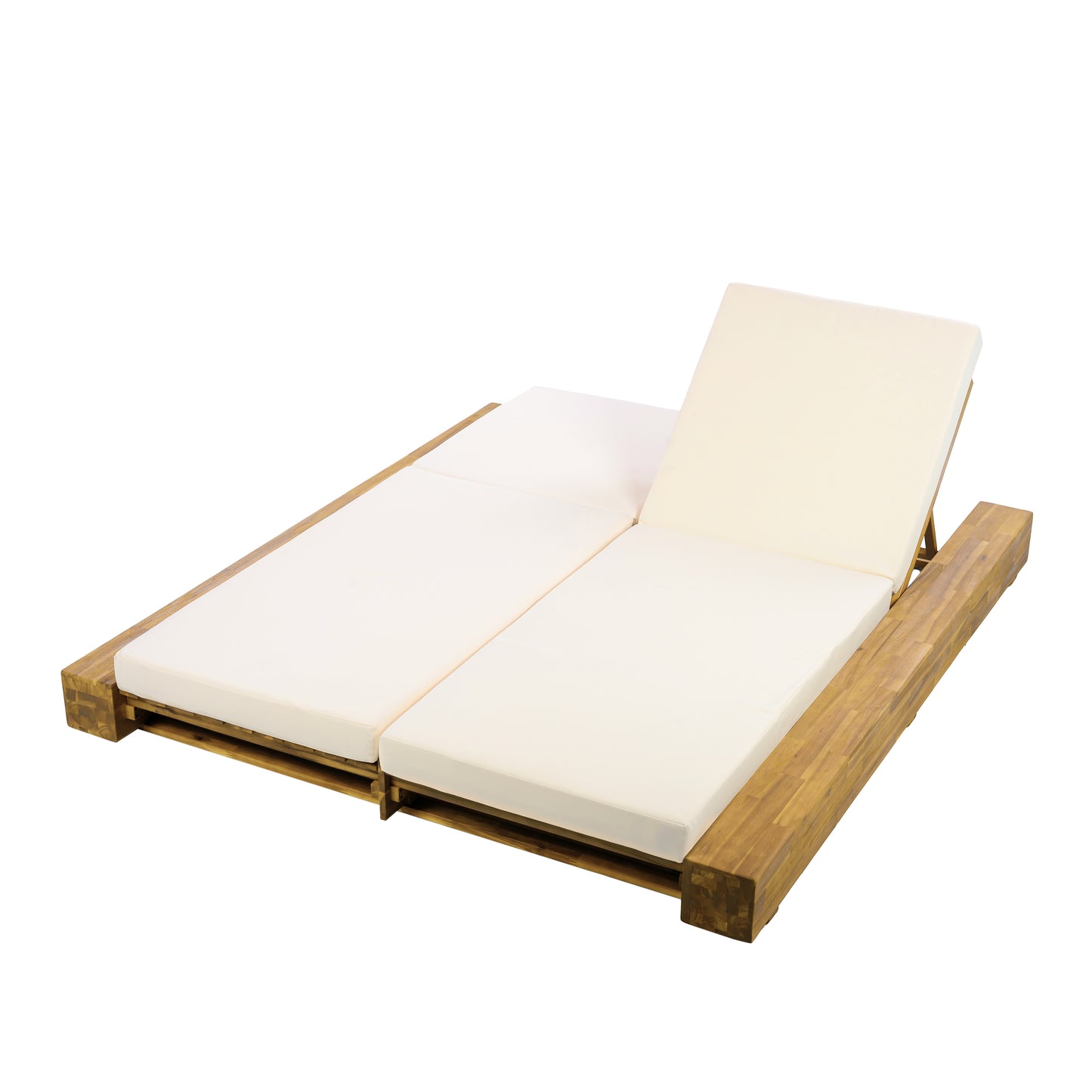 Junipar Outdoor Double Chaise Lounge, Acacia Wood, 4 Position Adjustable Back, 800lbs Capacity