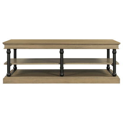 55.1" Wood Coffee Table with Black Legs, 2 Open Storage Shelves, Modern Living Room Table