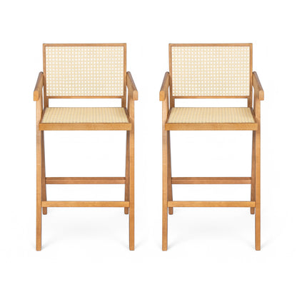 Lomiare Modern Minimalist Bar Stool with Cane Seat, Solid Wood Frame