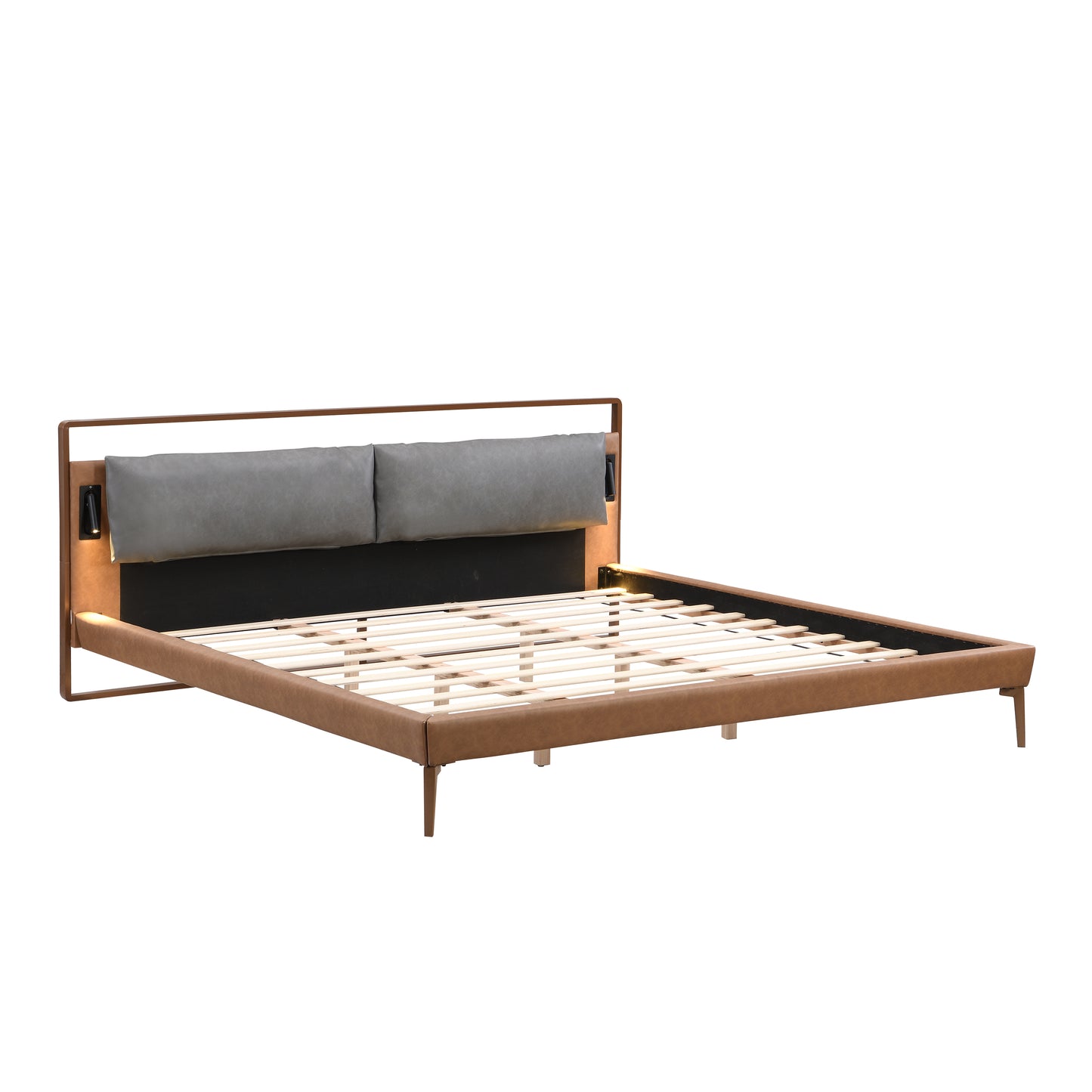 Mireva Brown&Gray Leather King Bed with 2pcs Night Lights
