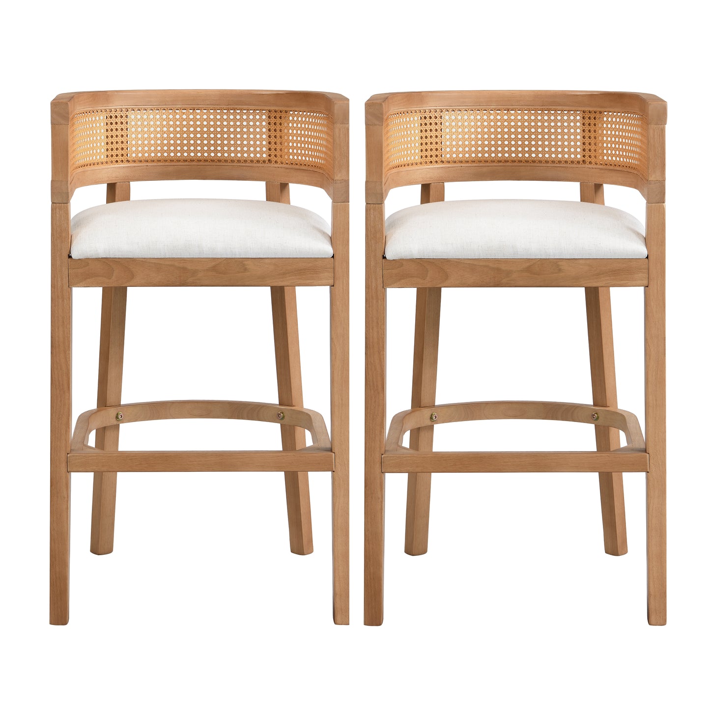 Tiberius Wood And Rattan Upholstered Arm Bar Stools,Set of 2