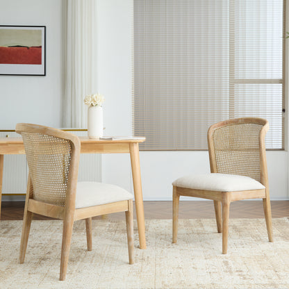 Diaphanous Lilia Dining Chairs Set of 2, Modern Dining Chair with Fabric Upholstery, Rubberwood Frame Kitchen Chairs with Cane Webbing, Extra Seat for Dining Room, Beige + Natural