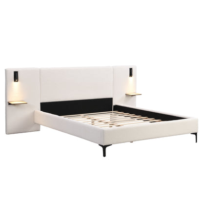 Callion Boucle Upholstered Bed with Integrated Lights and Shelves