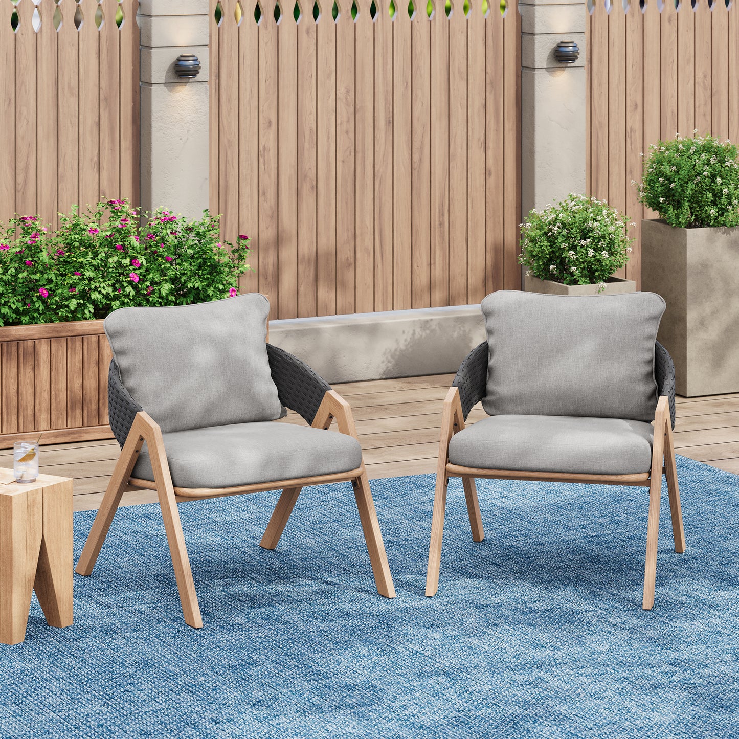 Reafter Outdoor Patio Elegant rattan Chair with Cushions (Set of 2)