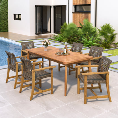 Hawk 7-Piece Patio Dining Set, 72" Slatted Table & 6 Acacia Wood & PE Rattan Chairs