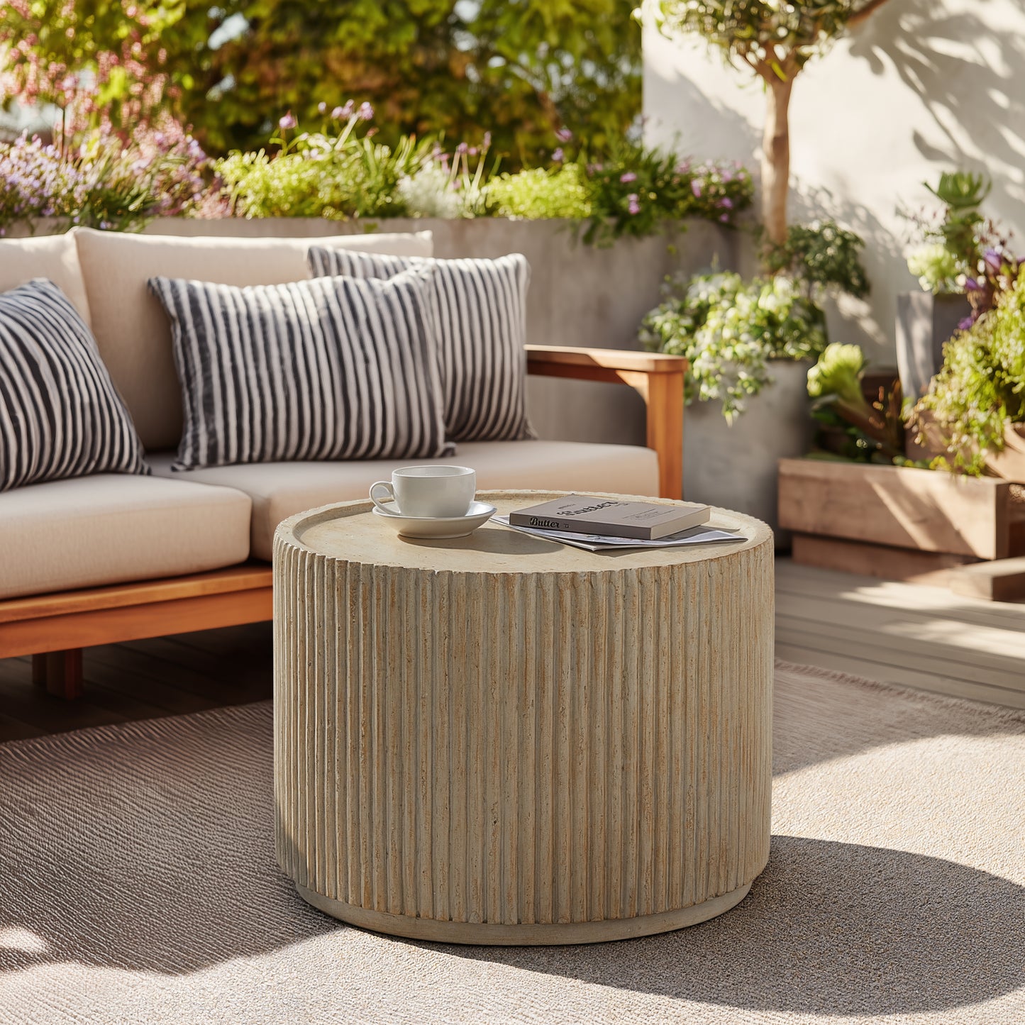 Glena 23.5" MGO Round Fluted Coffee Table for Both Indoor and Outdoor