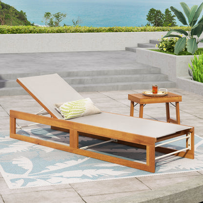 Leavitt Outdoor Mesh and Wood Adjustable Chaise Lounge, Black and Teak