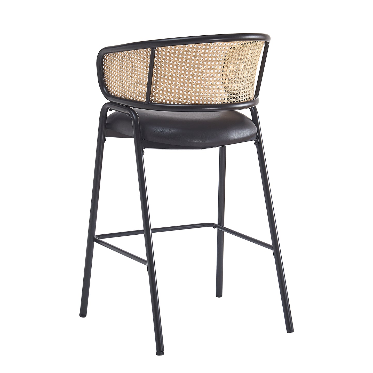 Eathan Indoor Metal PU Leather Barstool, Wowen Rattan Backrest, Set of 2