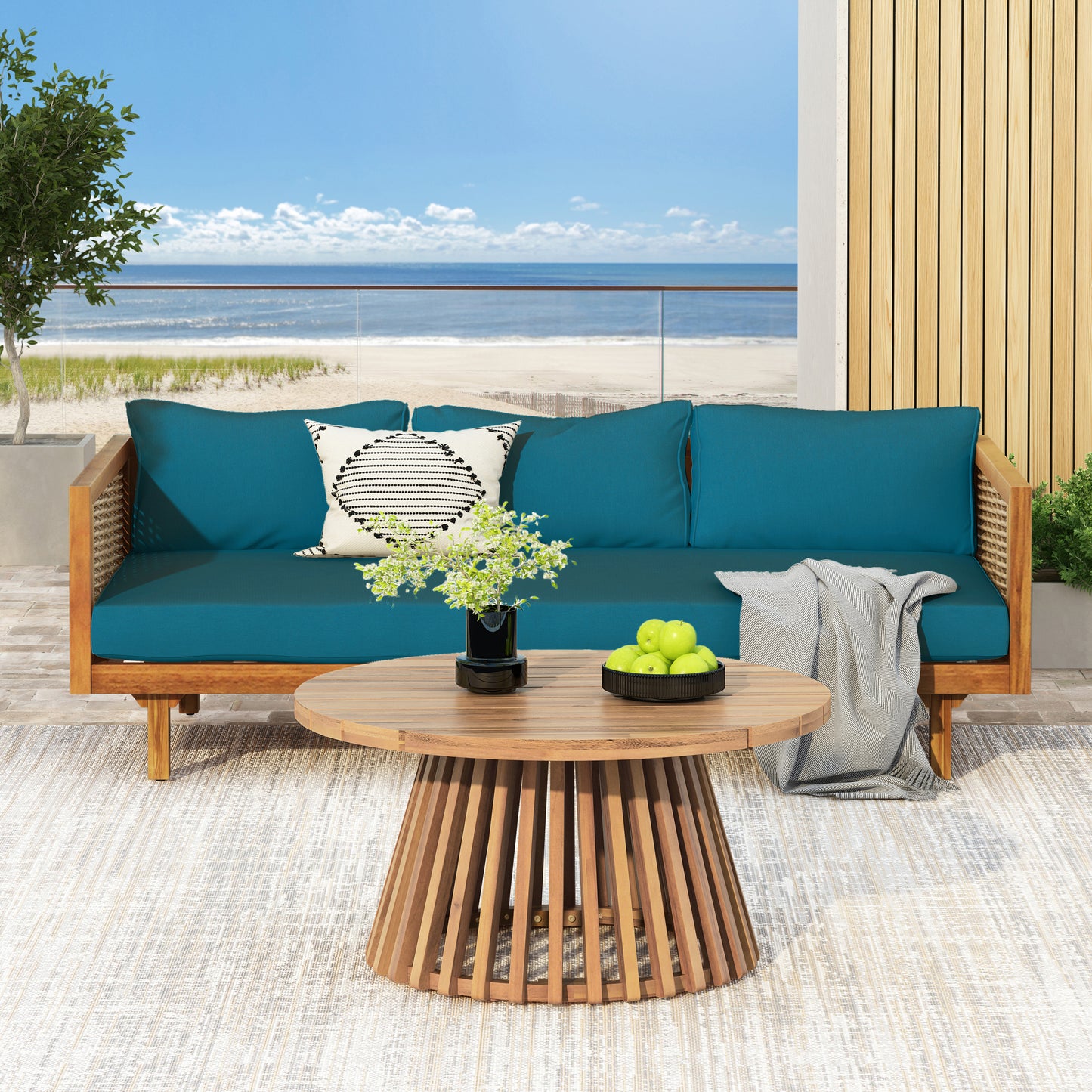 Xenath Outdoor Patio Furnitre Sets 3 Pieces,3 Seater Daybed With Rattan Arms  + Acacia Wood Table