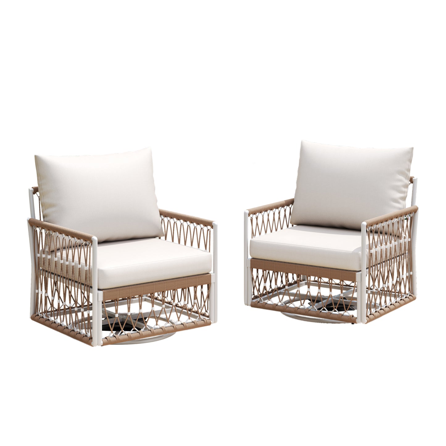 360° Swivel Bohemian Outdoor Lounge Chair with Handwoven Rope,Waterproof Cushions[Set of 2]