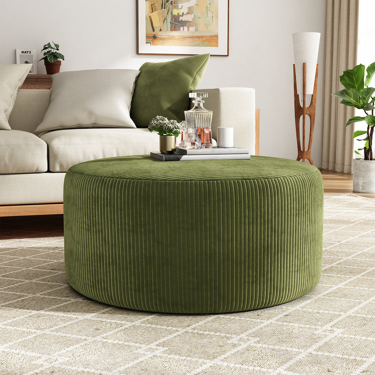 Harbinger GAVI Corduroy Ottoman Foot Stool, 30" Pouf Footstool Ottoman Seat, Upholstered Foot Chair, Round Footrest, Modern Side Table for Living Room Bedroom Home Decor, Olive Green