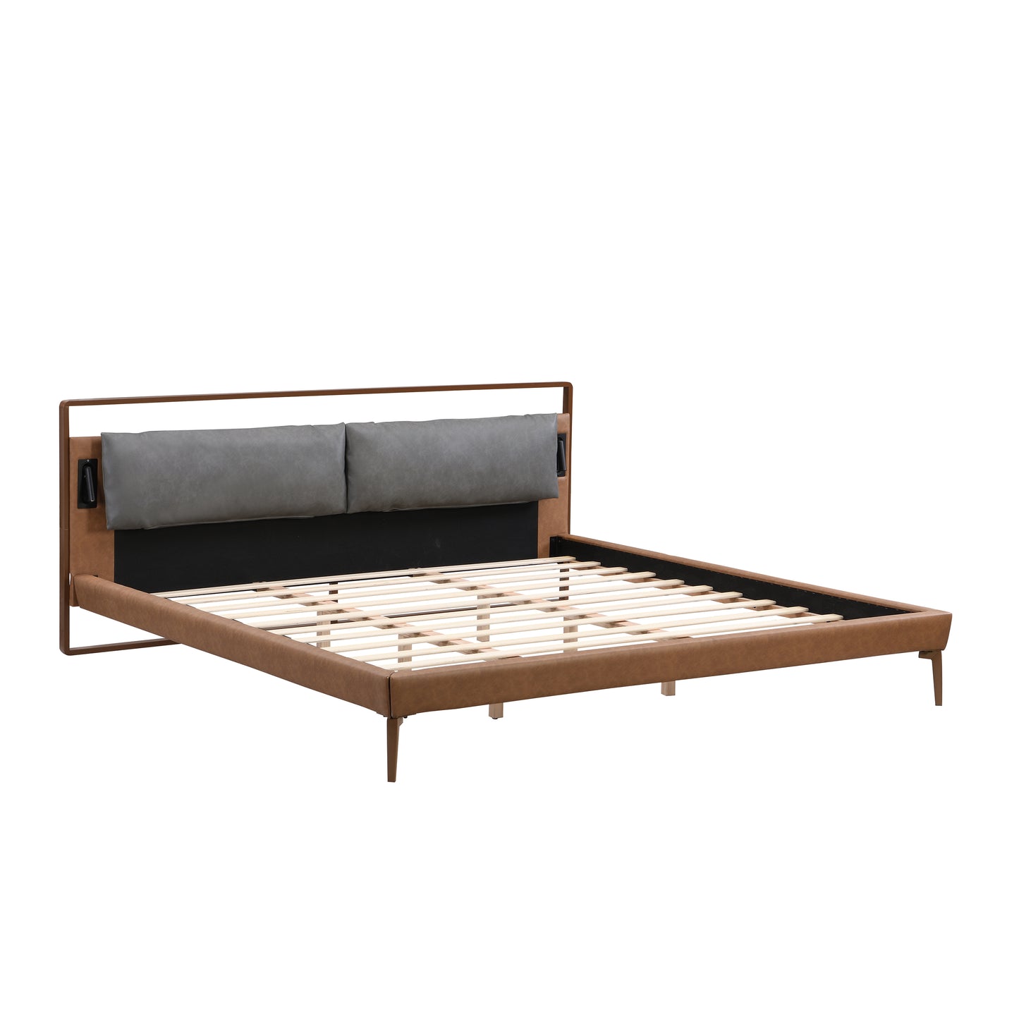 Mireva Brown&Gray Leather King Bed with 2pcs Night Lights
