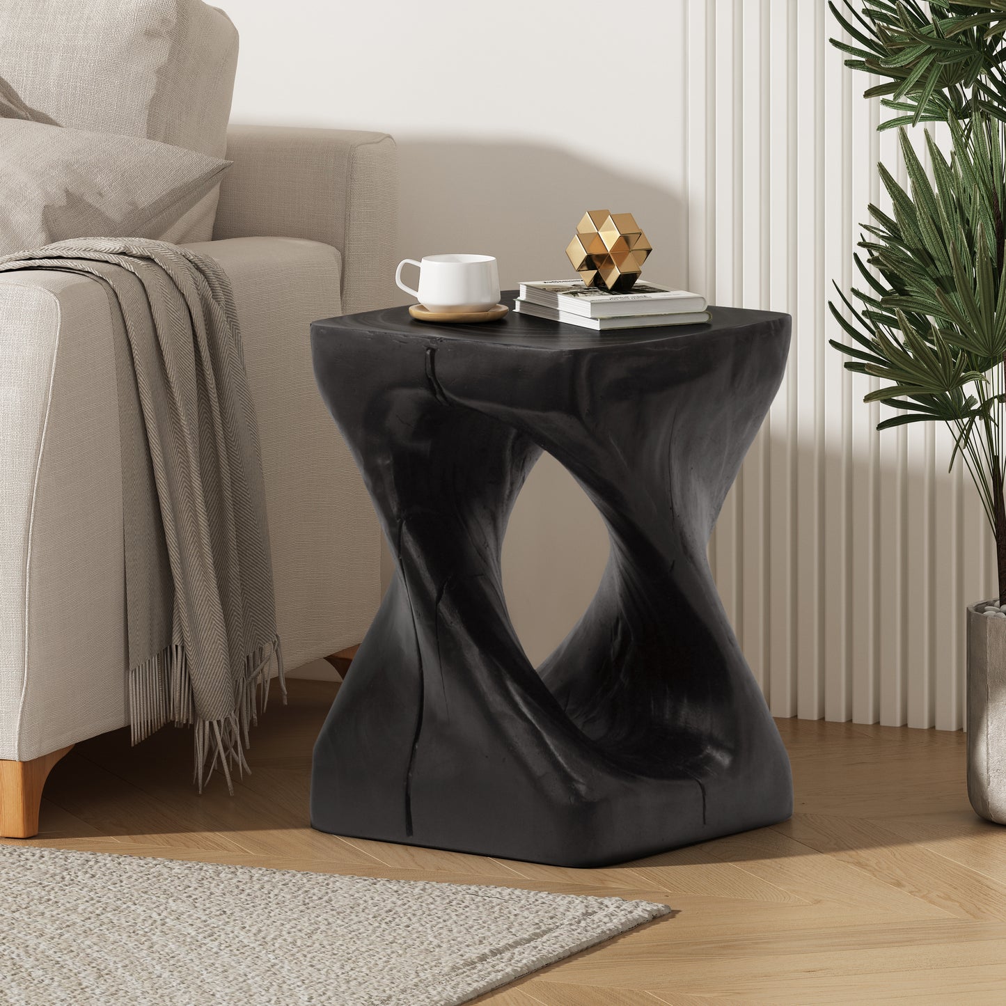 Woanar MGO Twist Shape Side Table, Wood-like texture