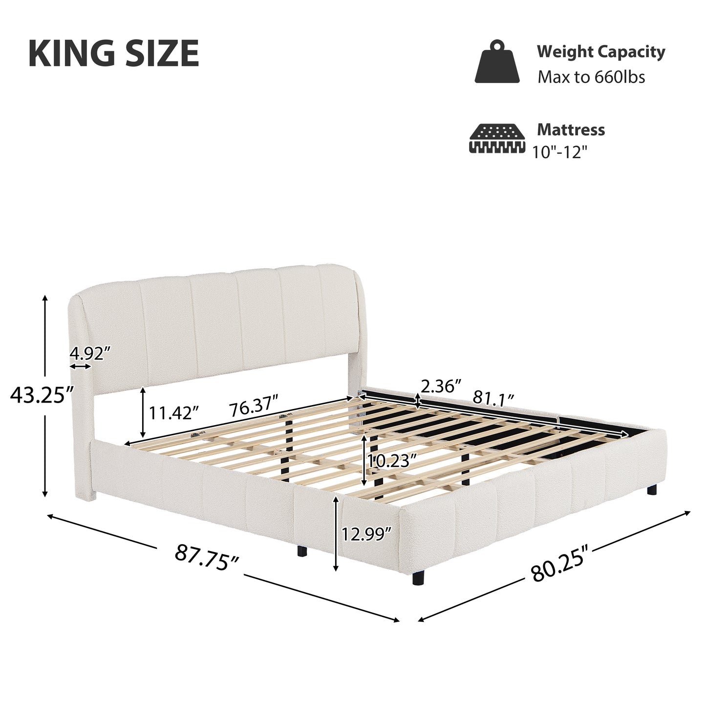 Florian Platform Bed, Soft Boucle Fabric Upholstered Platform bed with Curve-Shaped Design Headboard