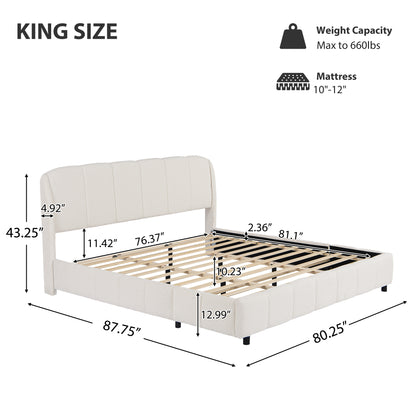 Florian Platform Bed, Soft Boucle Fabric Upholstered Platform bed with Curve-Shaped Design Headboard