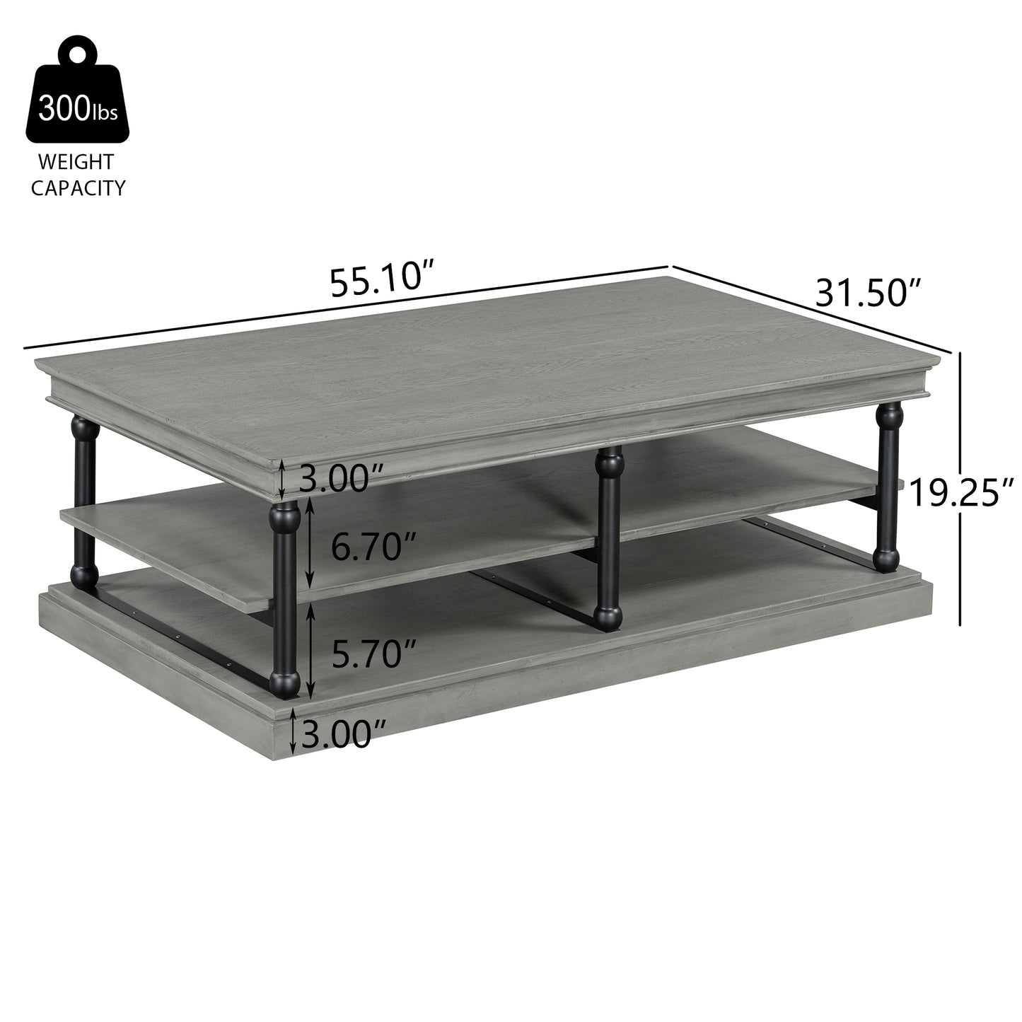 55.1" Wood Coffee Table with Black Legs, 2 Open Storage Shelves, Modern Living Room Table