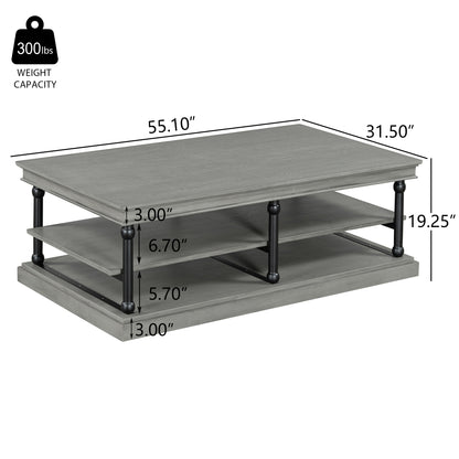 55.1" Wood Coffee Table with Black Legs, 2 Open Storage Shelves, Modern Living Room Table