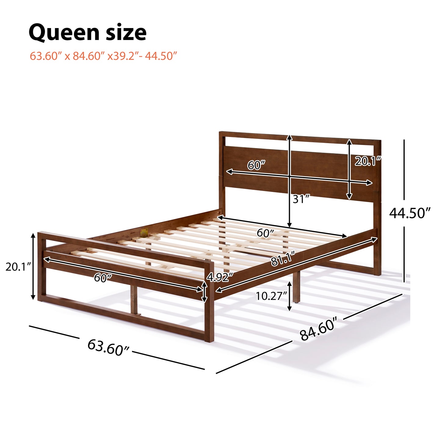 Quorrilos Walnut Wood Queen Bed with Headboard and Silent Slats