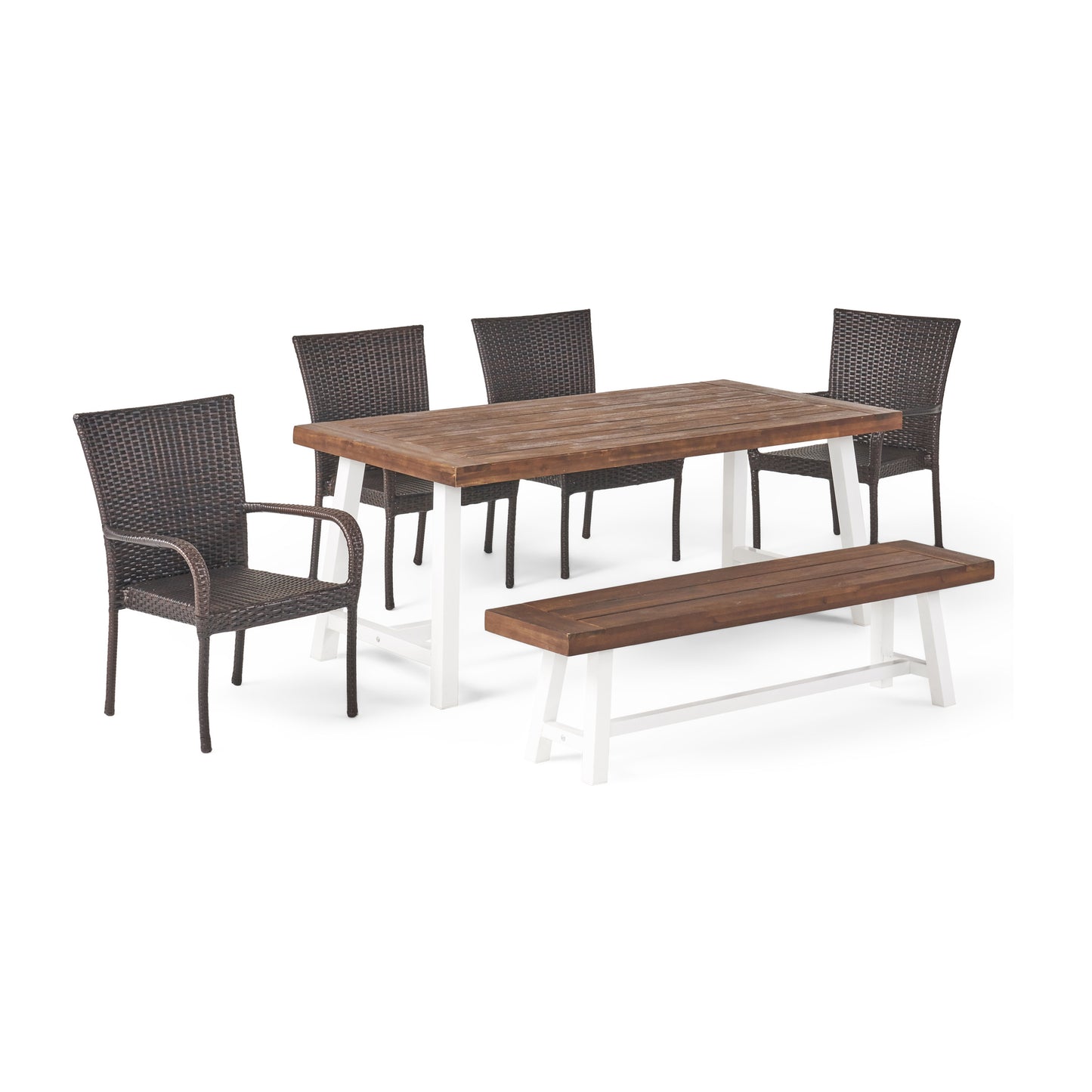 Luminous Outdoor 6 Piece Stacking Wicker Dining Set with Acacia Wood Table and Bench