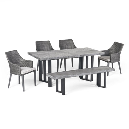 Valby Outdoor 6 Piece Wicker Dining Set with Concrete Dining Table and Bench