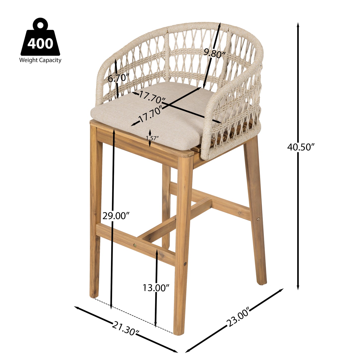 Lagunar Outdoor Wood and Rope Barstool, Teak Finished Wood with Cushion, Set of 2