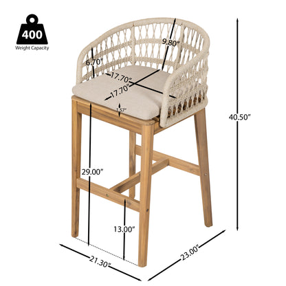 Lagunar Outdoor Wood and Rope Barstool, Teak Finished Wood with Cushion, Set of 2