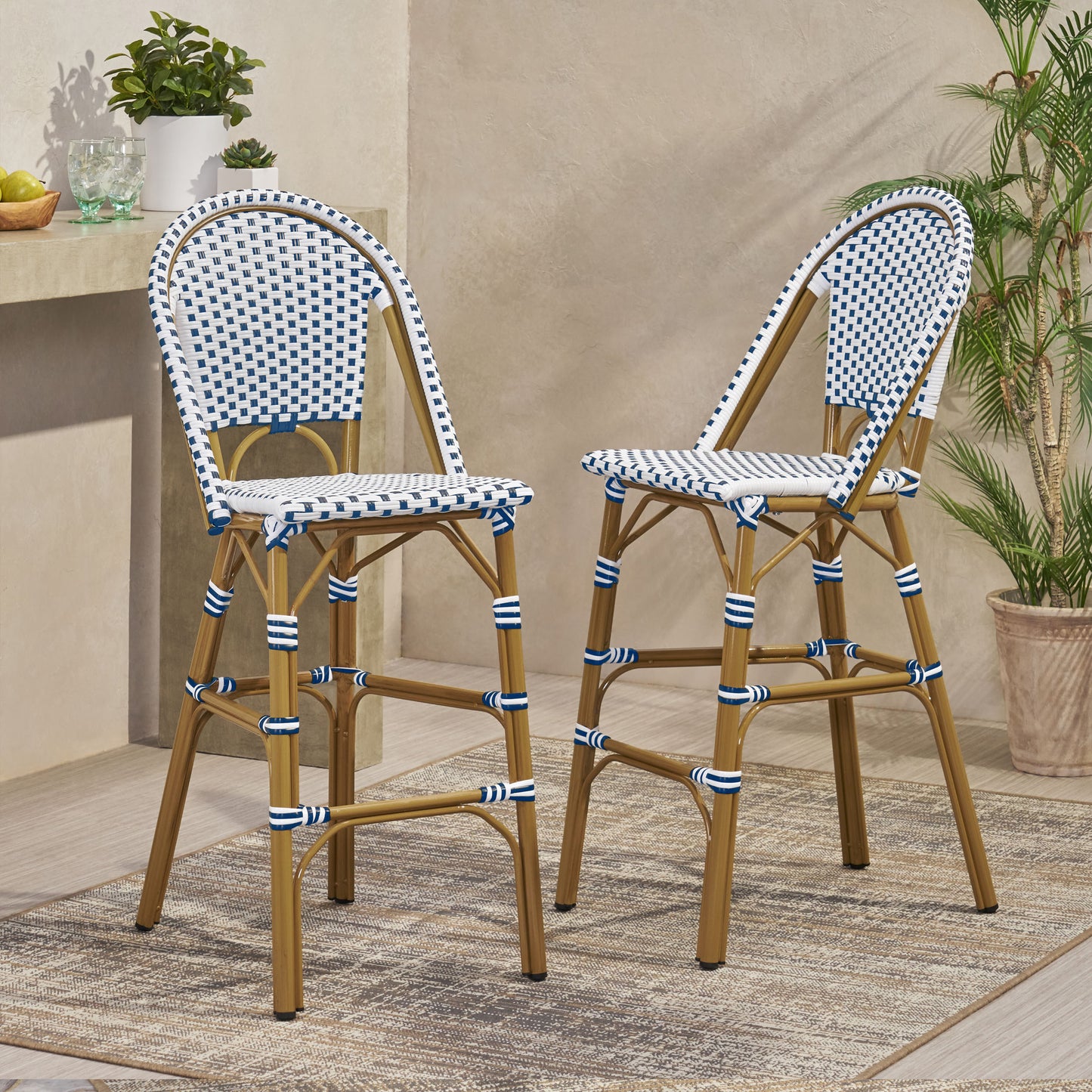 Altocanin 29.5" Outdoor PE Rattan French Barstool, White and Blue(Set of 2)