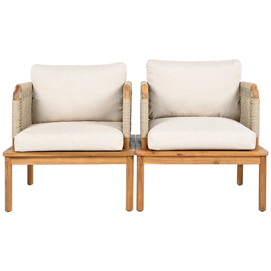 Linnea Outdoor Acacia Wood and Rope Club Chair with Cushions,Set of 2