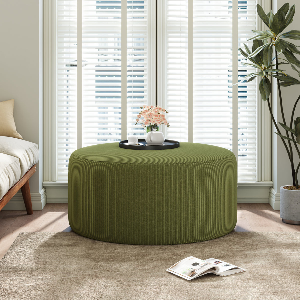 Harbinger GAVI Corduroy Ottoman Foot Stool, 30" Pouf Footstool Ottoman Seat, Upholstered Foot Chair, Round Footrest, Modern Side Table for Living Room Bedroom Home Decor, Olive Green