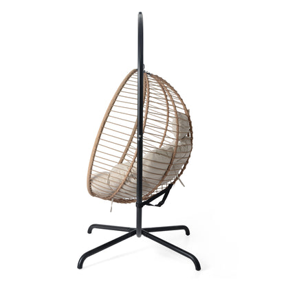 Luciane Outdoor Patio Hanging Basket Chair with Stand, Beige + Brown