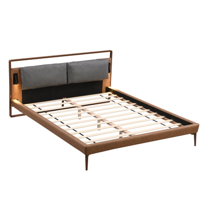 Mireva Brown&Gray Leather King Bed with 2pcs Night Lights