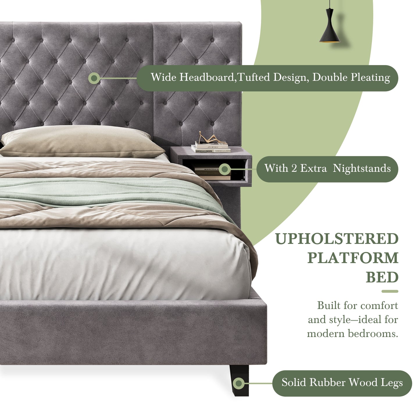 Meridia Platform Bed with Headboard, Modern Velvet Upholstered Platform Bed with 2 Nightstands, with diamond tufted