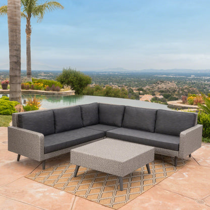 Hensley Outdoor Wicker 5 Seater Sectional Sofa Chat Set with Cushions, Mixed Black and Dark Gray