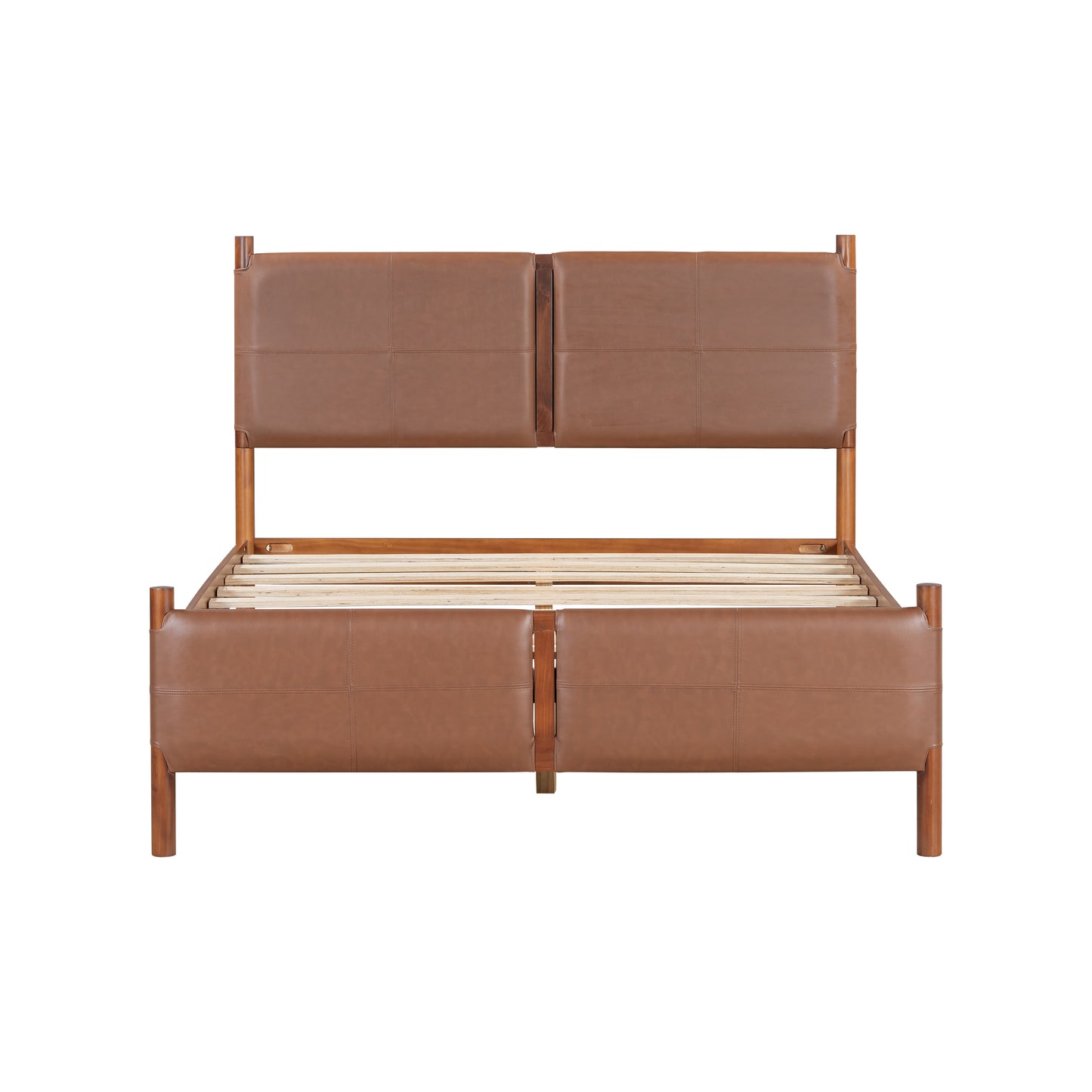 Umora Queen Bed with Brown leather Upholstered Headboard, Wood Frame