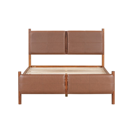 Umora Queen Bed with Brown leather Upholstered Headboard, Wood Frame