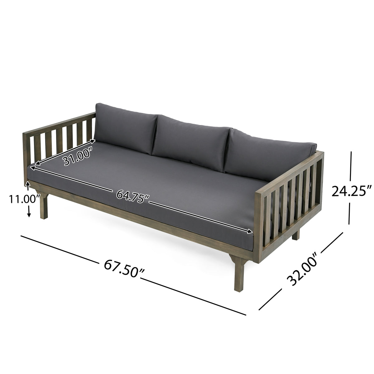 Pastiche Claremont Outdoor 3 Seater Acacia Wood Daybed with Fabric Water Resistant and Removable Cushions, Patio Garden Sofa with Slat Paneling Armrest and Back, Grey and Dark Grey