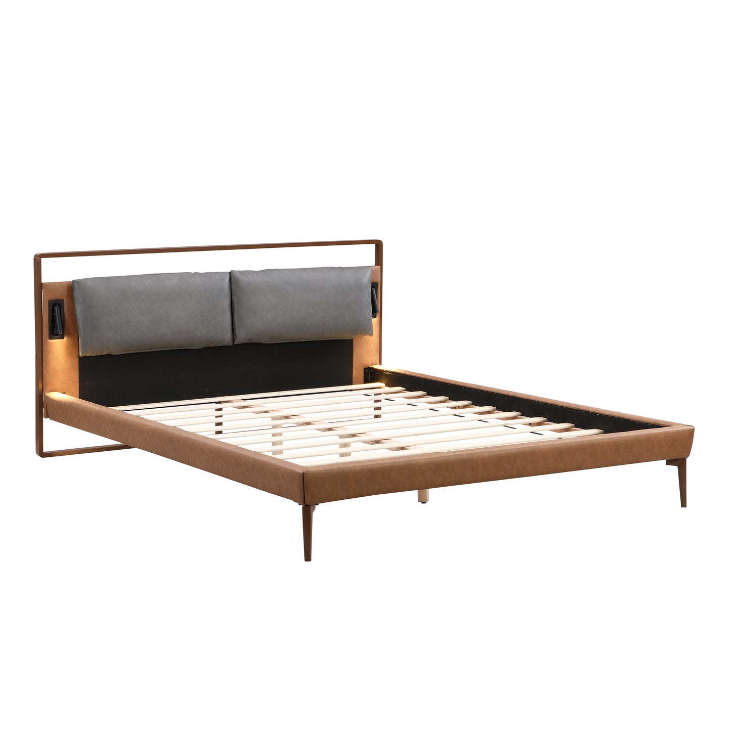 Mireva Brown&Gray Leather King Bed with 2pcs Night Lights